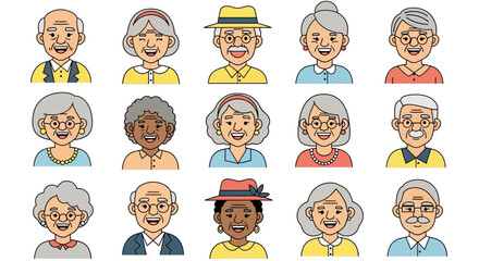 Diverse Cartoon Portraits of Cheerful Elderly People Smiling