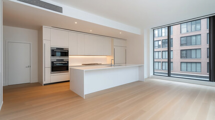 Fototapeta premium Modern white kitchen with island, built oven, wood floor, large window, and bright natural light