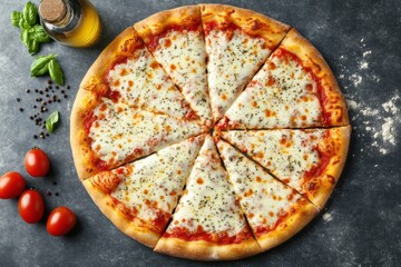 Delicious homemade pizza on textured background with cherry tomatoes, olive Italian four cheeses