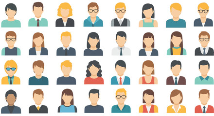 Diverse Collection of Flat Vector Avatar Icons with Varied Hairstyles and Attire