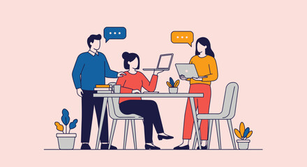 Team Collaboration: Three People Working Together with Laptops