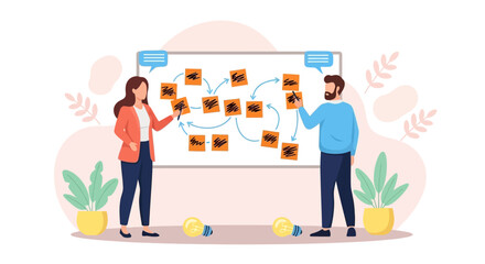 Two Colleagues Brainstorming on a Whiteboard with Sticky Notes and Arrows