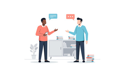 Two Men Discussing Ideas with Speech Bubbles, Vector Illustration