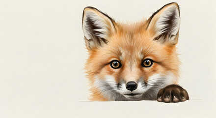 Fototapeta premium Adorable Fox Kit Peeking Over White Background Wildlife Animal