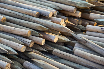 A stack of wooden stakes with sharpened ends, arranged in a pile at a construction or agricultural site. The natural texture and grain of the timber are clearly visible, with warm sunlight casting sof
