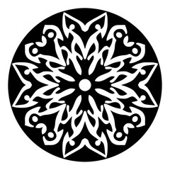 Black floral mandala with symmetrical patterns, round decorative background