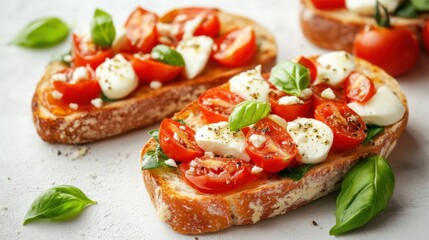Delicious toasted bread topped with ripe tomatoes, mozzarella cheese, and Bruschetta cheese