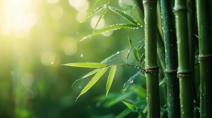 Fototapeta premium Bamboo forest growing in sunlight with water drops on leaves