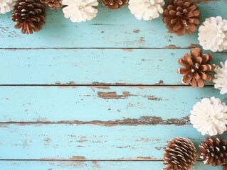 Rustic wooden background with pine cones and white flowers decor