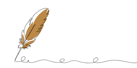 Continuous line drawing of writing quill feather pen. Minimalist black linear sketch isolated on white background. Hand drawn vector illustration.