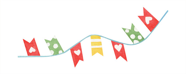 Watercolor colorful, party garland, with decorative festive flags triangular shape isolated. Hand drawn watercolor template of festive illustration for birthday and kids party decoration, invitations.