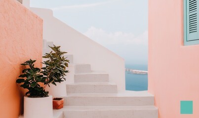 Serene Staircase with Pink Walls and Ocean View in Santorini