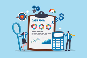 Cash flow money management, budget or account analysis, income or revenue vs expense, cost or investment, profit and loss, balance concept, business people analyze calculate cash flow graph and chart.