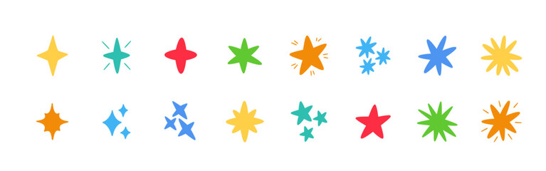 Doodle glitter twinkle star icons set. Hand drawn shine star burst symbol. Sketch magic blink collection. Color doodle spark shape icons. Vector illustration on white background.
