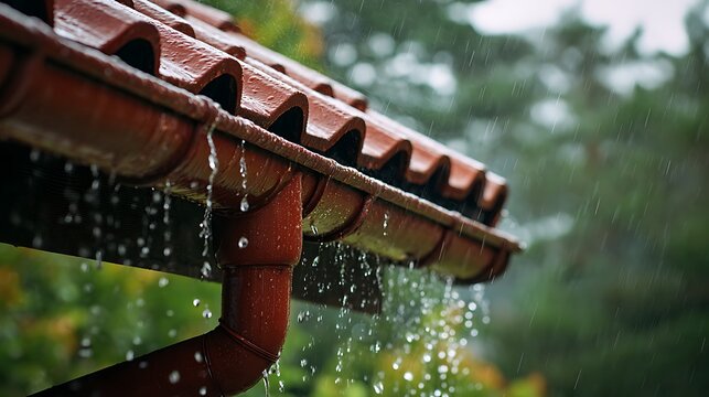 Rain flows from a roof into gutter. Water drains off red tile roof into a rain gutter system. Rainwater collection. Water flows down drainpipe. Protecting home. Drainage. .
