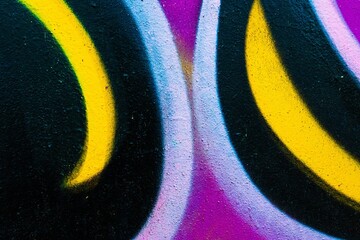 Vibrant abstract graffiti with neon yellow, purple, black. Urban 90s aesthetic, bold curves, dynamic composition. Street art, modern 90s, 2000s, Y2K creative background, digital art.
