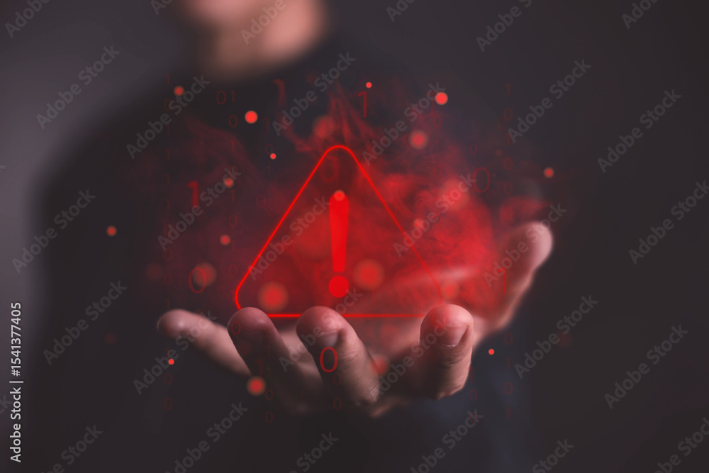 Poster the hand shows a warning sign error 404 on the website with smoke. alert cyber attack, symbol threat