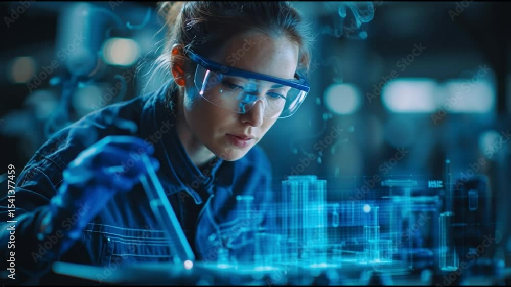 Poster innovative female engineer analyzing futuristic technology interface with digital data visualization