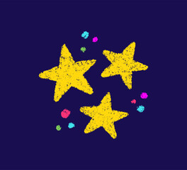 Crayon doodle stars symbol. Hand drawn firework pencil sketch. Chalk magic sparkle. Color crayon texture kid star. Vector illustration on white background.
