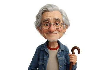 Cartoon elderly man with walking stick