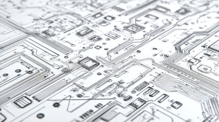 Fototapeta premium An ultra-realistic 4K technical sketch of a circuit board viewed from above, drawn with drafting pencil precision. Generative AI