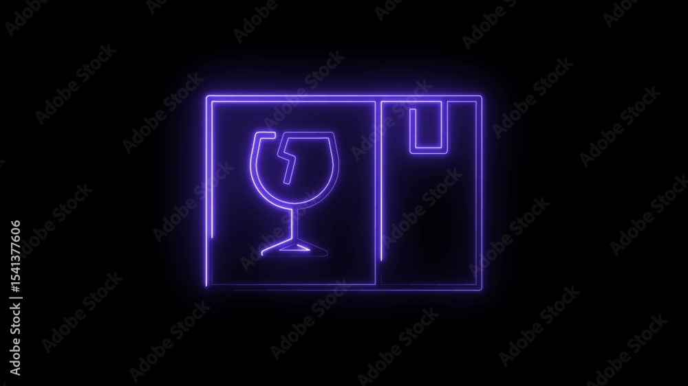Poster neon fragile handle with care icon animation for packaging and shipping isolated on black