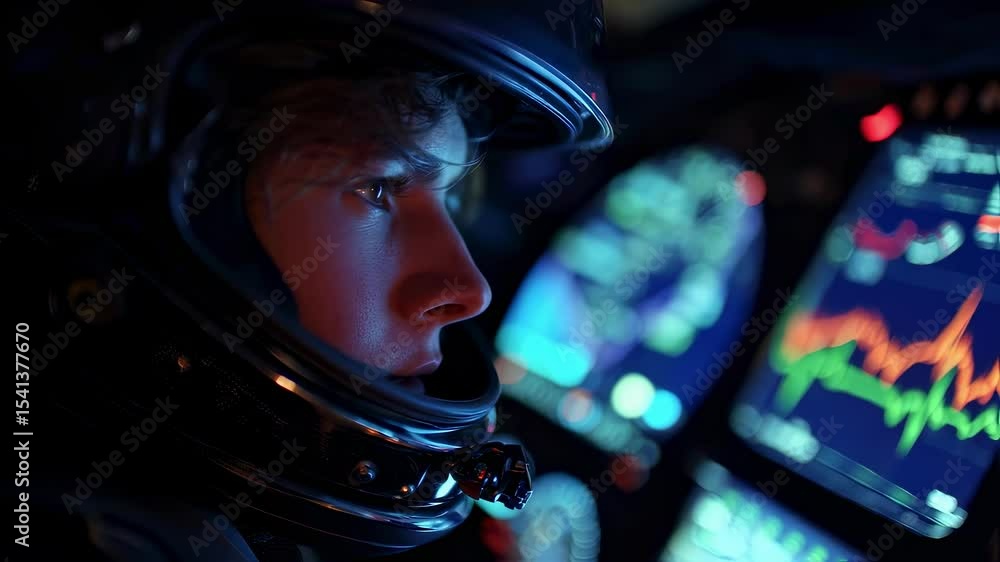 Poster race pilot wearing protective helmet concentrating on performance graphs inside high tech vehicle co