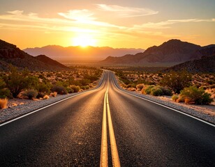 Fototapeta premium Empty Desert Road Leading Toward Sunset, Minimalist Perspective