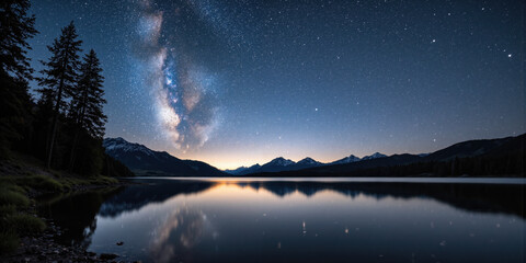 Celestial Nightscape Reflection A serene lake reflecting a moonlit sky studded with brilliant stars and the faint glow of the