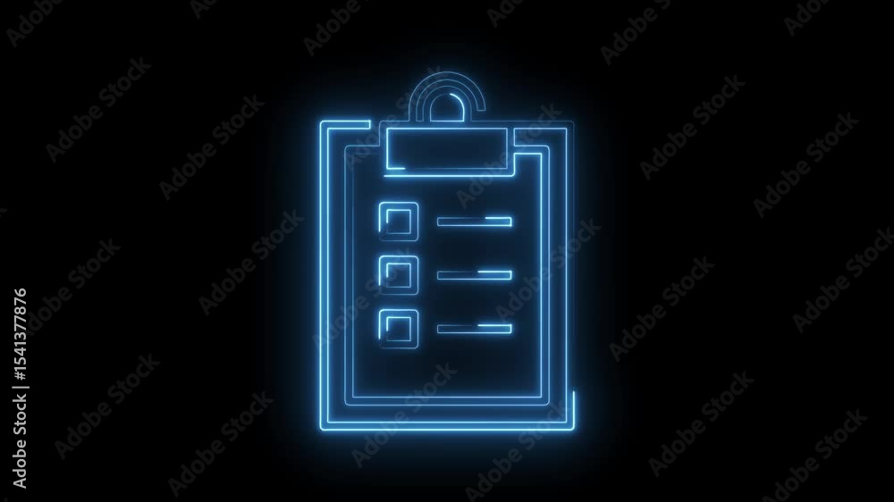 Poster neon clipboard animation with checklist items for task management on black background