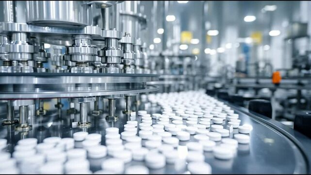 High-Quality Pharmaceutical Production Line with White Tablets in Focus at a Modern Manufacturing Facility