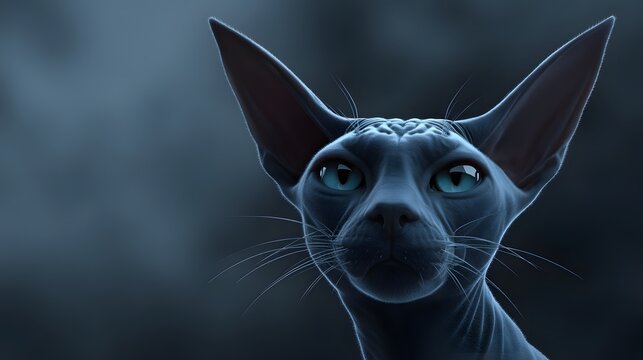 Eerie blue alien cat with long ears in dark mist