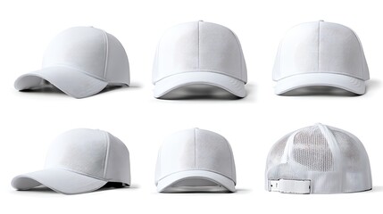 Set of white trucker caps mockup. Blank empty hats template collection. Baseball headwear design. Sport clothing cotton canvas uniform advertise front object side views .