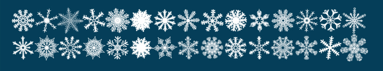Collection of snowflake variations icons. Snowflakes white ice crystals on dark background. Symbol of winter. Christmas logo hand drawing. Not AI. Vector illustration.