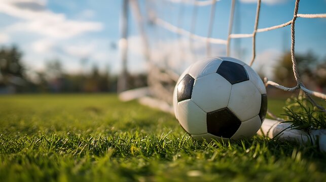 Soccer ball lies near soccer goal on grassy field. Daytime shot. Sport recreation concept. Photo captures active lifestyle. Great for sports websites and blogs. .