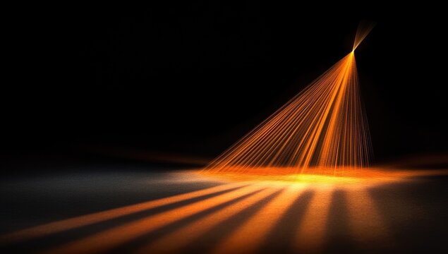 Abstract spotlight on dark stage.  Orange light rays, cone shape,  illuminating a shadowed surface
