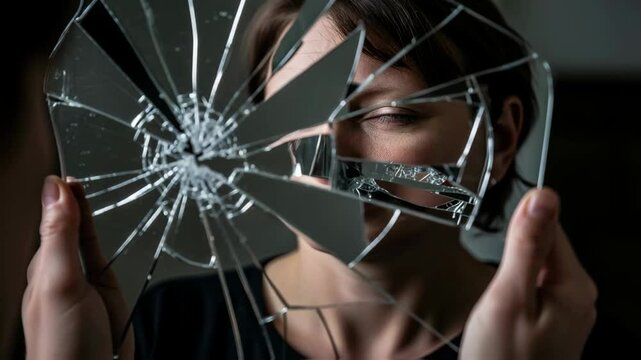 woman stands before cracked mirror, the complexities of mental health and depression, emphasizing the emotional weight of self-image and inner turmoil