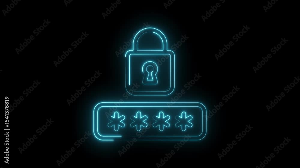 Poster digital security password protection neon glowing interface with lock icon on black background