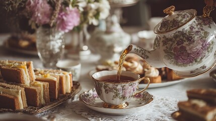 Vintage afternoon tea setup showcases teapot pouring tea into floral cup. Sandwiches, pastries on white table. Elegant arrangement evokes British tradition, inviting refined .