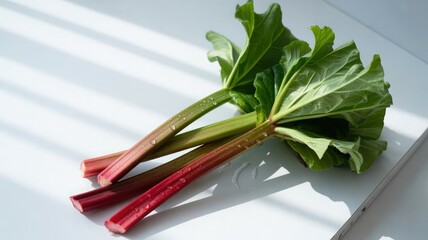 Fresh rhubarb stalks with green leaves on white background