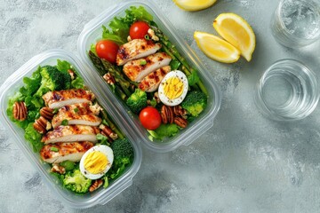Fresh Salad with Grilled Chicken, Egg, and Pecans in Plastic Healthy meal prep containers green