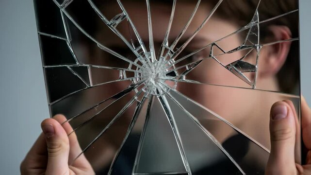 Young man stands before cracked mirror, the complexities of mental health and depression, emphasizing the emotional weight of self-image and inner turmoil
