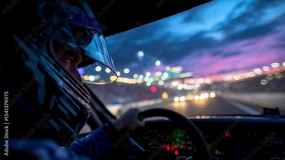 Poster professional race car driver navigating a speedway at dusk, illuminated by stadium lights and a colo