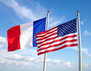 Waving Flags of France and the United States Against a Blue Sky
