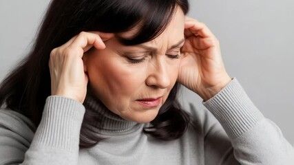 Senior woman with gray hair is gently pressing her temples, showing signs of emotional distress and sadness, against a calming neutral backdrop. reflecting mental health challenges