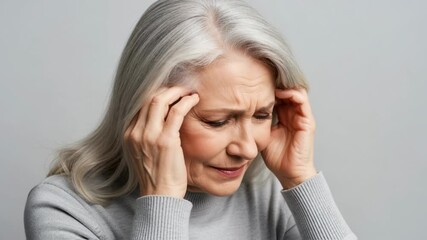 Senior woman with gray hair is gently pressing her temples, showing signs of emotional distress and sadness, against a calming neutral backdrop. reflecting mental health challenges