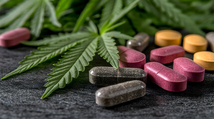 Colorful cannabis leaves, pills with glowing neon lights. Drug development, futuristic aesthetics. Medical research, recreational use, CBD, THC, pharmacy, modern health concept