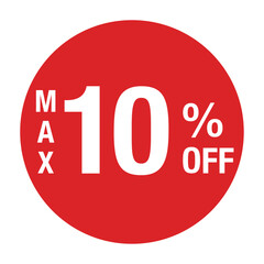 ”MAX10％OFF ”の文字入り　円形のベクターイラスト　赤色　白文字　背景透過
