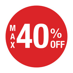 ”MAX40％OFF ”の文字入り　円形のベクターイラスト　赤色　白文字　背景透過
