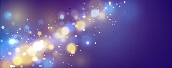 Fototapeta premium Dreamy gold blue bokeh background with floating light particles - realistic magical sparkles and soft glowing orbs on gradient backdrop for festive designs, award ceremonies, premium presentations.